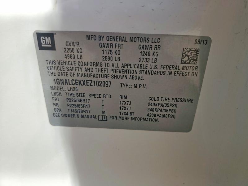 2014 Chevrolet Equinox მანქანა იყიდება აუქციონზე, vin: 1GNALCEKXEZ102097, აუქციონის ნომერი: 51864946