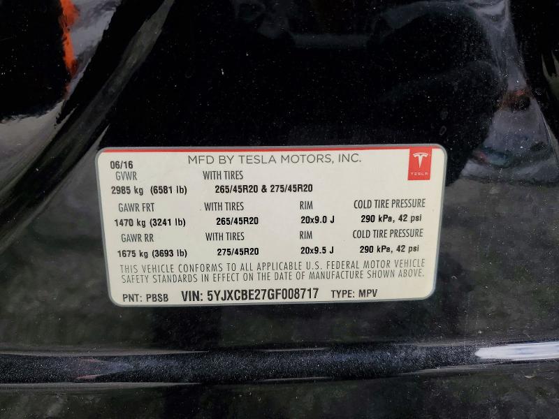 2016 Tesla Model X მანქანა იყიდება აუქციონზე, vin: 5YJXCBE27GF008717, აუქციონის ნომერი: 54846556