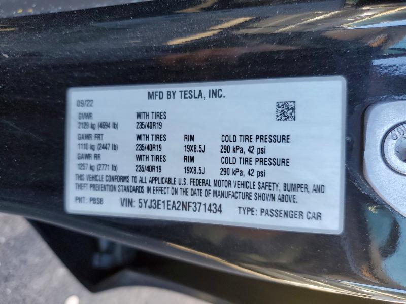 Aukcja sprzedaży 2022 Tesla Model 3, vin: 5YJ3E1EA2NF371434, numer aukcji: 51912066