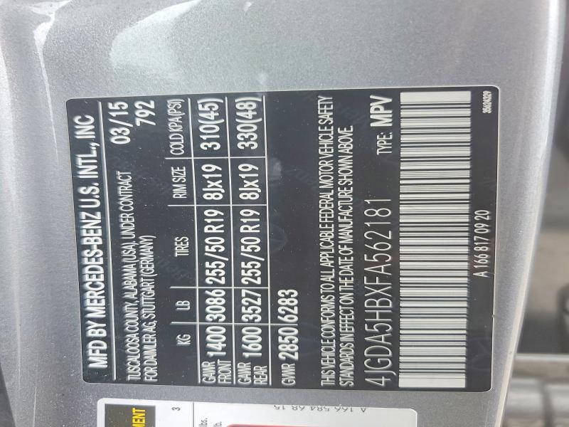 52301756 :رقم المزاد ، 4JGDA5HBXFA562181 vin ، 2015 Mercedes-benz Ml مزاد بيع