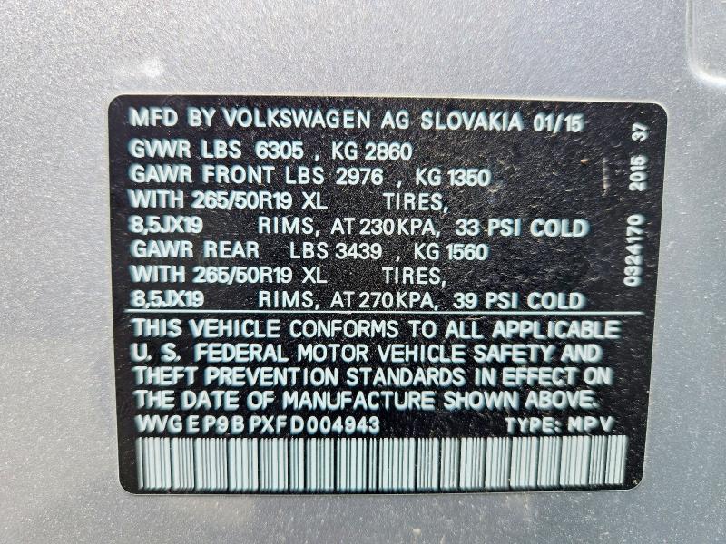 Aukcja sprzedaży 2015 Volkswagen Touareg, vin: WVGEP9BPXFD004943, numer aukcji: 52235056