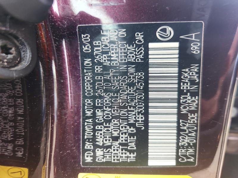 Aukcja sprzedaży 2003 Lexus Es, vin: JTHBF30G730145738, numer aukcji: 54285486
