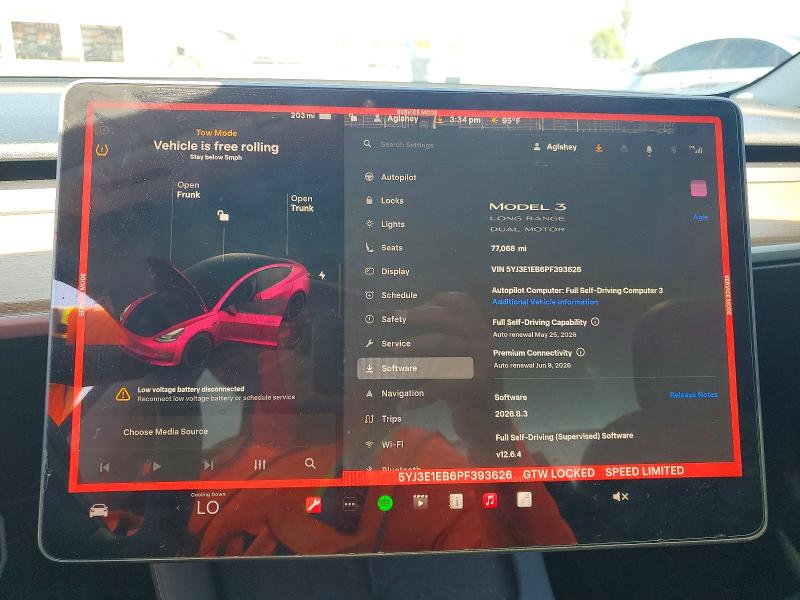 2023 Tesla Model 3 მანქანა იყიდება აუქციონზე, vin: 5YJ3E1EB6PF393626, აუქციონის ნომერი: 53201086