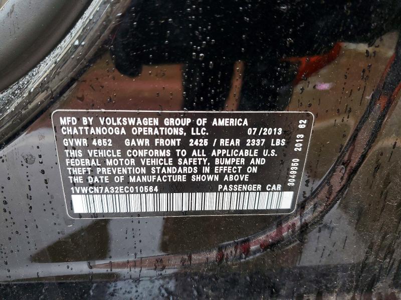 51725666 :رقم المزاد ، 1VWCN7A32EC010564 vin ، 2014 Volkswagen Passat مزاد بيع
