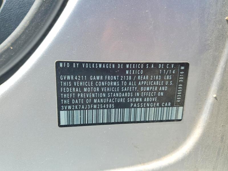 2015 Volkswagen Jetta მანქანა იყიდება აუქციონზე, vin: 3VW2K7AJ3FM254985, აუქციონის ნომერი: 54985016