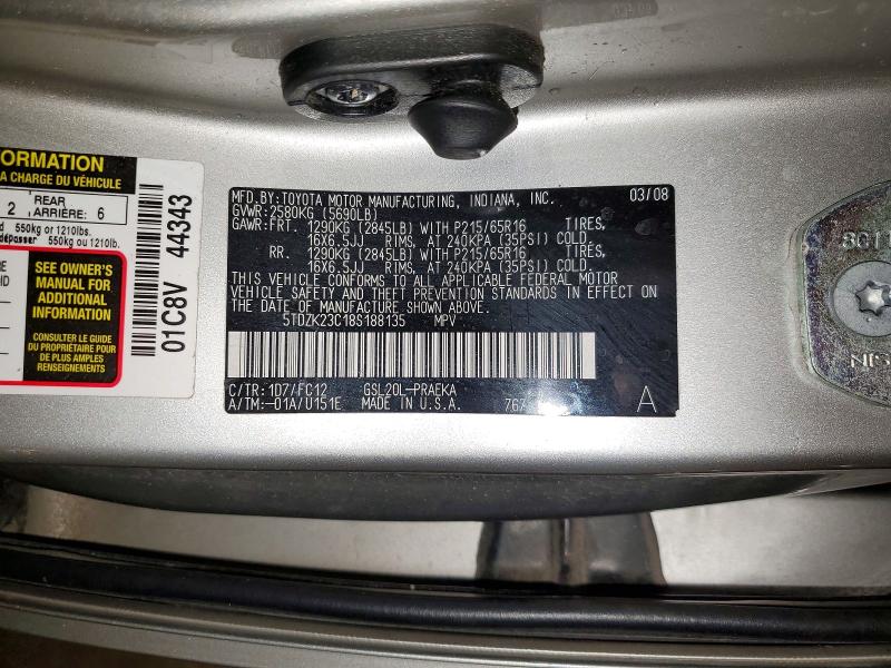 52222946 :رقم المزاد ، 5TDZK23C18S188135 vin ، 2008 Toyota Sienna مزاد بيع