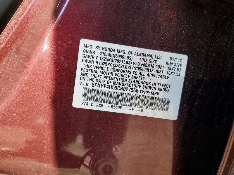 52177486 :رقم المزاد ، 5FNYF4H59CB027566 vin ، 2012 Honda Pilot مزاد بيع