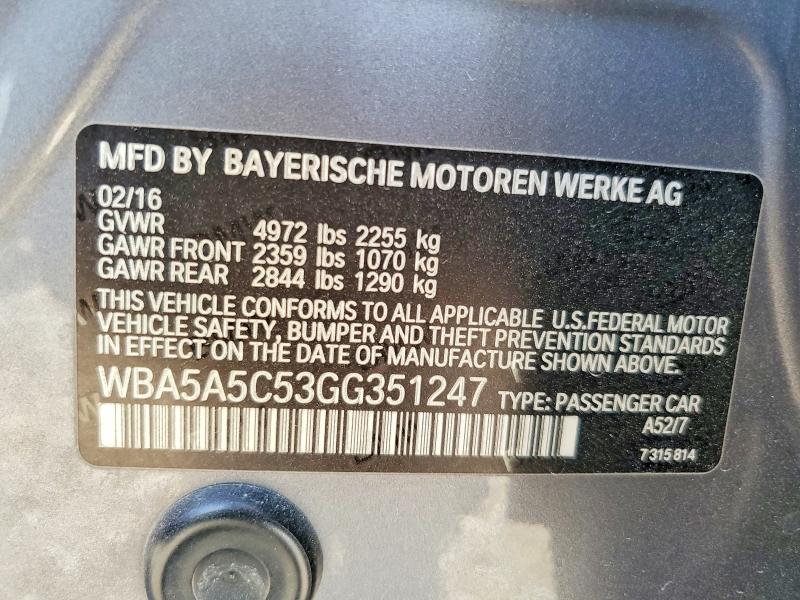 2016 Bmw 528 მანქანა იყიდება აუქციონზე, vin: WBA5A5C53GG351247, აუქციონის ნომერი: 52537286