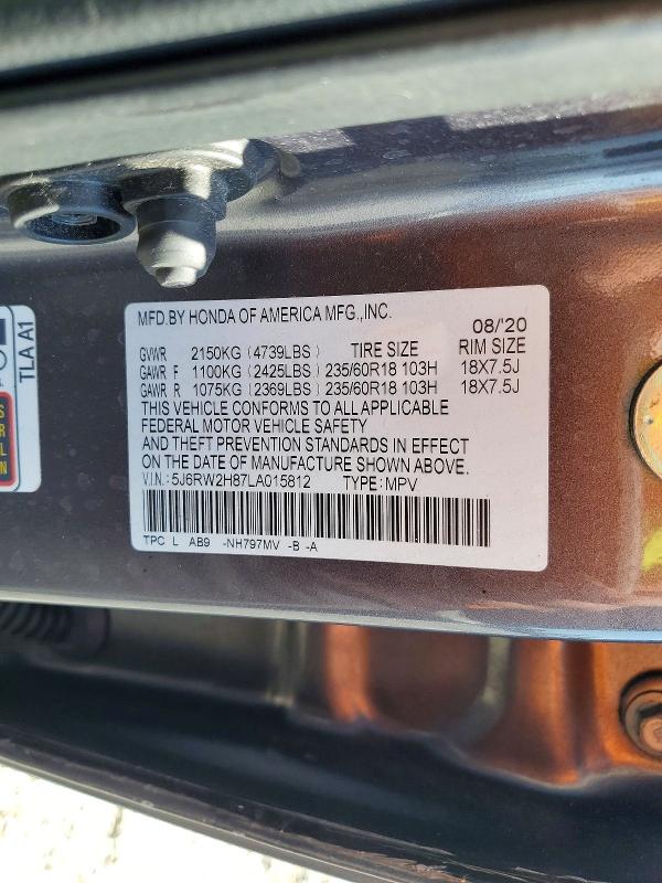 2020 Honda Cr-v მანქანა იყიდება აუქციონზე, vin: 5J6RW2H87LA015812, აუქციონის ნომერი: 52402196