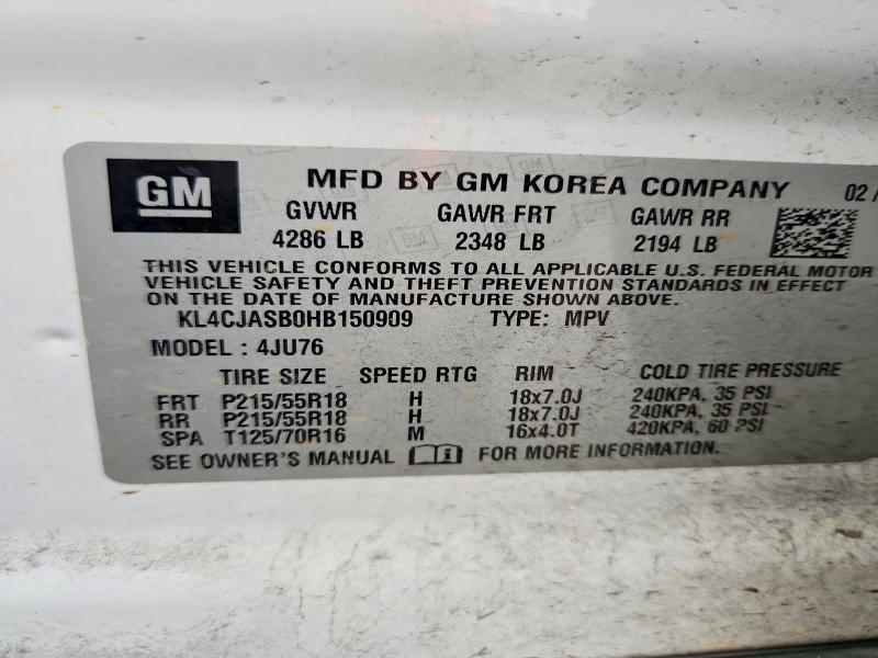 51589966 :رقم المزاد ، KL4CJASB0HB150909 vin ، 2017 Buick Encore مزاد بيع