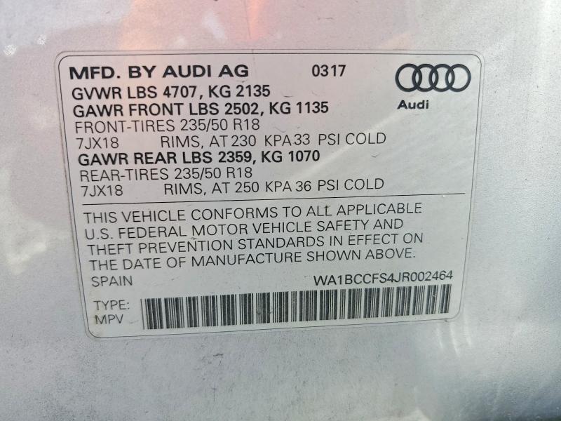 Продаж на аукціоні авто 2018 Audi Q3, vin: WA1BCCFS4JR002464, номер лоту: 52248506