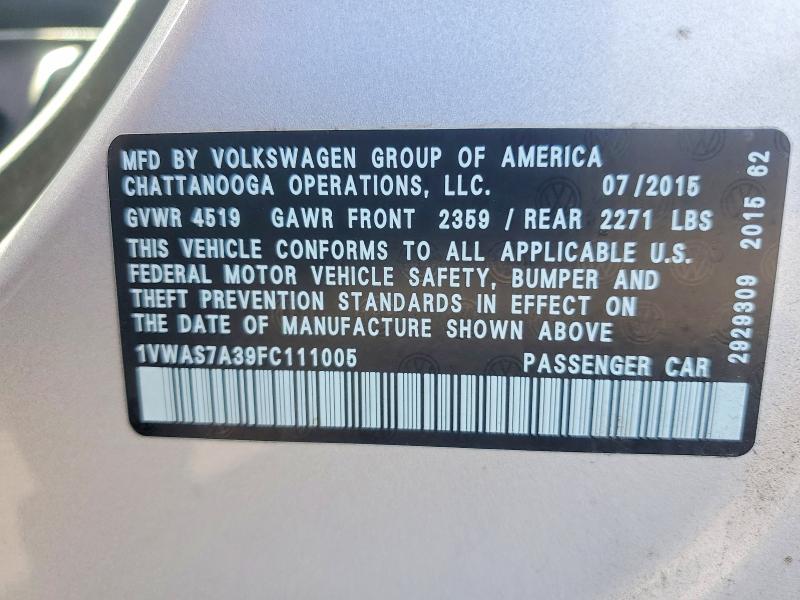 Aukcja sprzedaży 2015 Volkswagen Passat, vin: 1VWAS7A39FC111005, numer aukcji: 53092056