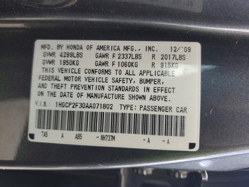 54899836 :رقم المزاد ، 1HGCP2F30AA071802 vin ، 2010 Honda Accord مزاد بيع