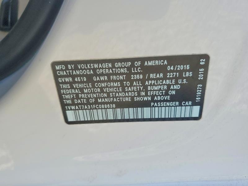 Aukcja sprzedaży 2015 Volkswagen Passat, vin: 1VWAT7A31FC088638, numer aukcji: 52006966