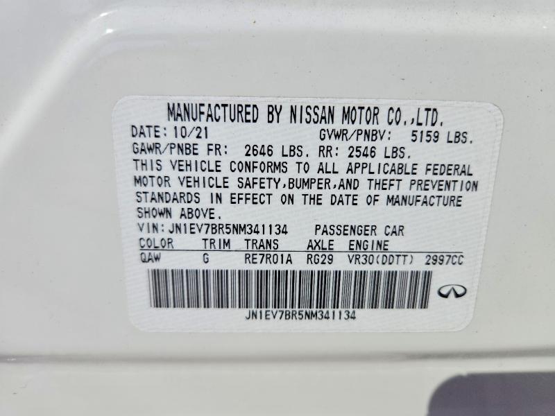 52156886 :رقم المزاد ، JN1EV7BR5NM341134 vin ، 2022 Infiniti Q50 مزاد بيع