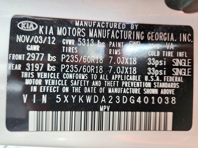 Продажа на аукционе авто 2013 Kia Sorento, vin: 5XYKWDA23DG401038, номер лота: 53139646