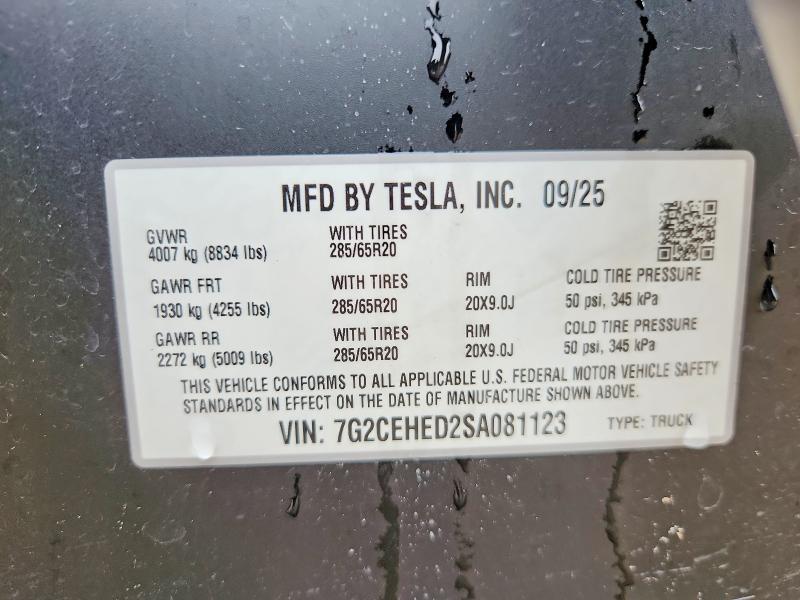 Aukcja sprzedaży 2025 Tesla Cybertruck, vin: 7G2CEHED2SA081123, numer aukcji: 55163286