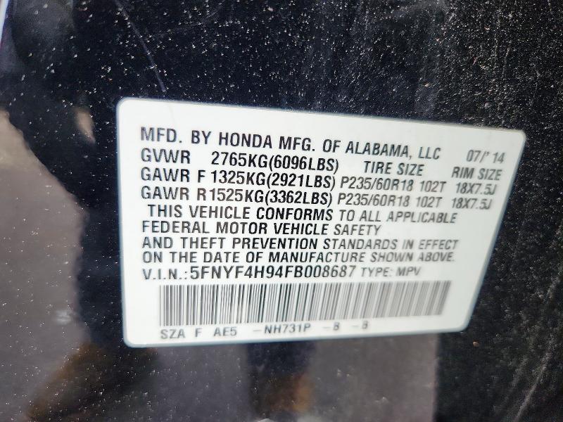 Aukcja sprzedaży 2015 Honda Pilot, vin: 5FNYF4H94FB008687, numer aukcji: 54625136
