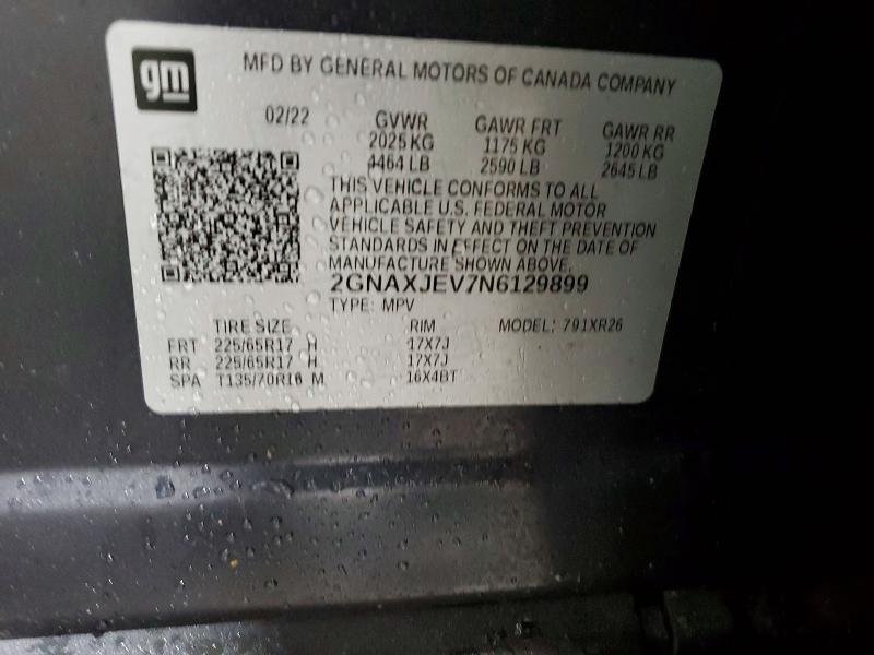 Aukcja sprzedaży 2022 Chevrolet Equinox, vin: 2GNAXJEV7N6129899, numer aukcji: 54840426
