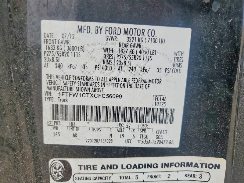53244876 :رقم المزاد ، 1FTFW1CTXCFC56099 vin ، 2012 Ford F150 مزاد بيع