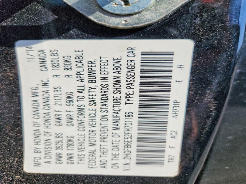 2015 Honda Civic მანქანა იყიდება აუქციონზე, vin: 2HGFB6E52FH701186, აუქციონის ნომერი: 53813826