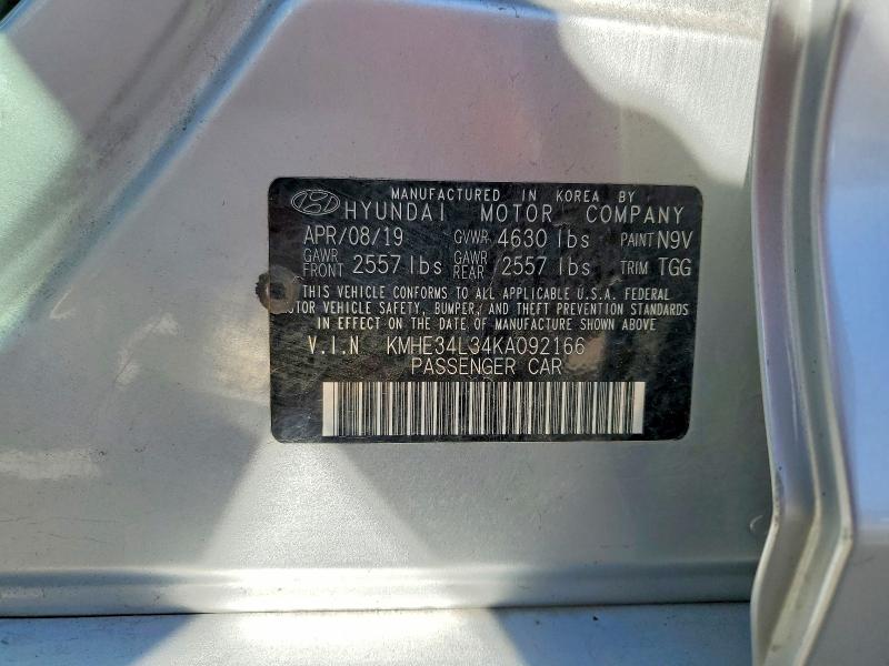 2019 Hyundai Sonata Hybrid მანქანა იყიდება აუქციონზე, vin: KMHE34L34KA092166, აუქციონის ნომერი: 53087756