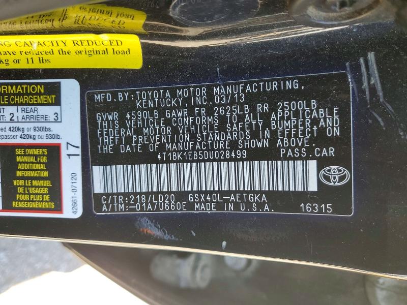 53514626 :رقم المزاد ، 4T1BK1EB5DU028499 vin ، 2013 Toyota Avalon مزاد بيع