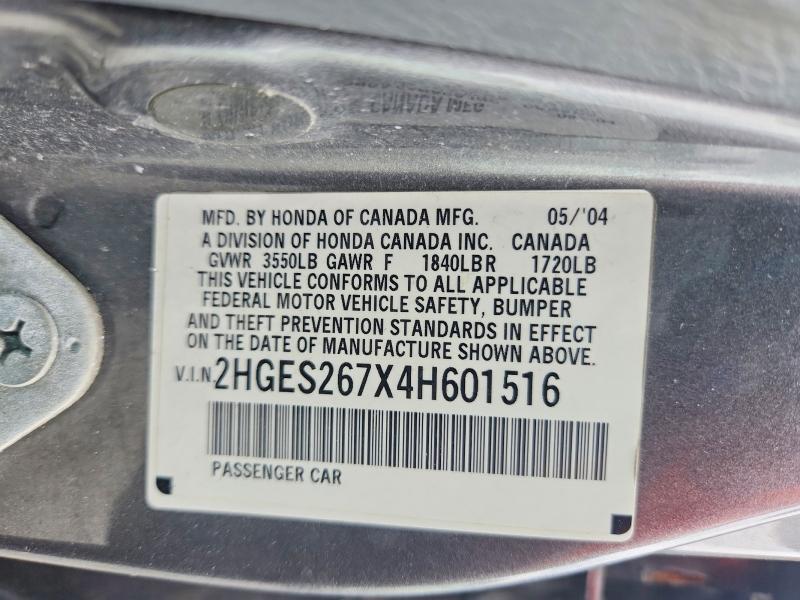 55338506 :رقم المزاد ، 2HGES267X4H601516 vin ، 2004 Honda Civic مزاد بيع