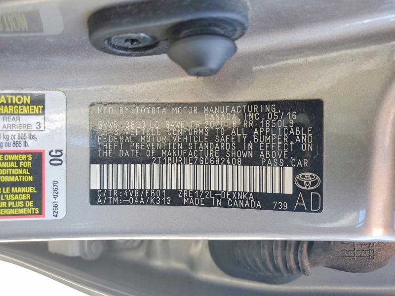 2016 Toyota Corolla მანქანა იყიდება აუქციონზე, vin: 2T1BURHE7GC682408, აუქციონის ნომერი: 55197106