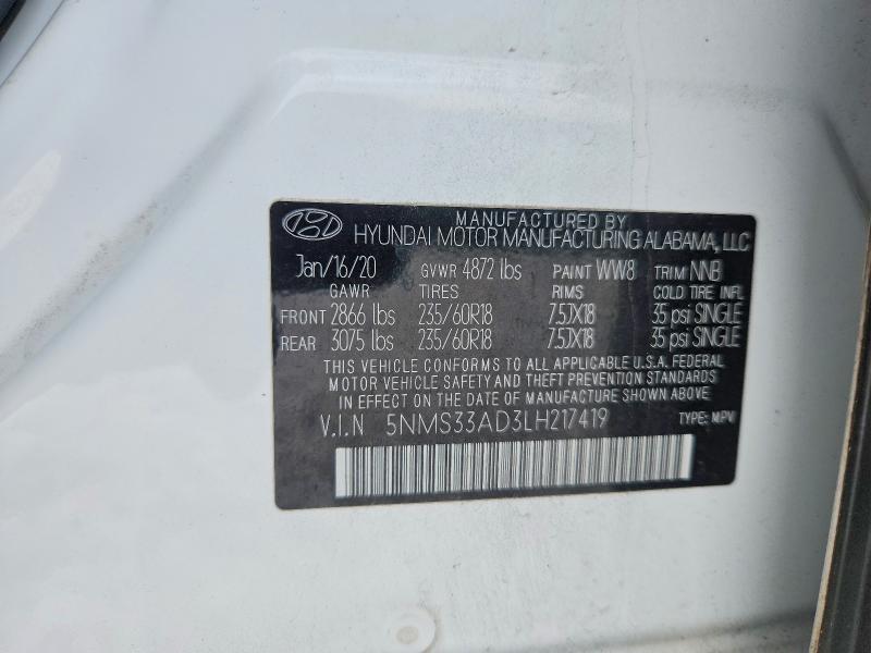 2020 Hyundai Santa Fe მანქანა იყიდება აუქციონზე, vin: 5NMS33AD3LH217419, აუქციონის ნომერი: 53017156