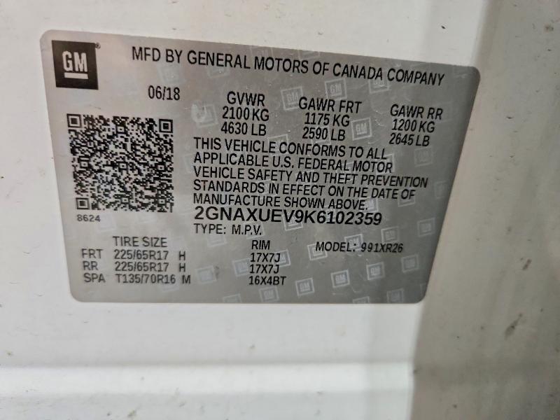 Aukcja sprzedaży 2019 Chevrolet Equinox, vin: 2GNAXUEV9K6102359, numer aukcji: 54845846