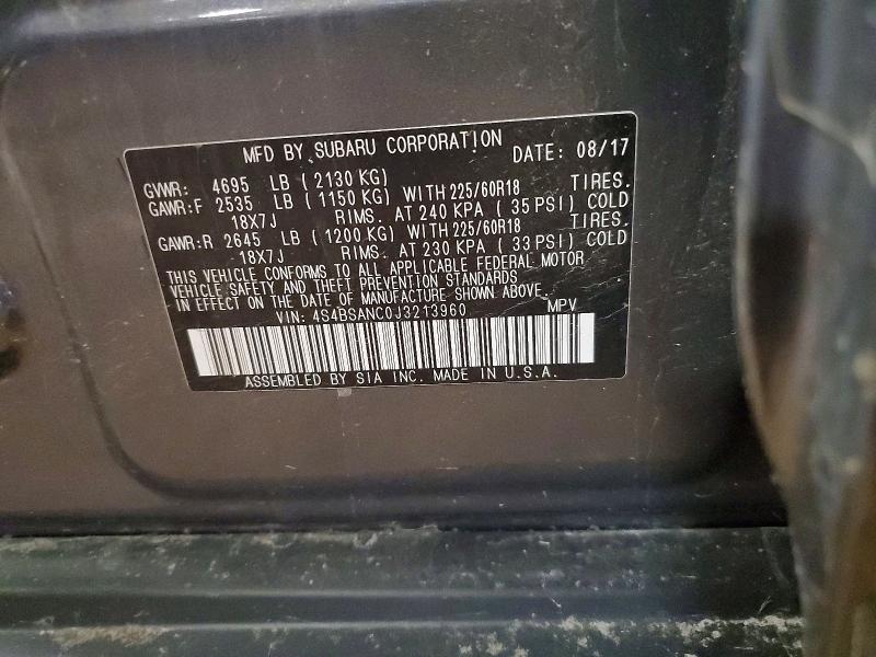 2018 Subaru Outback მანქანა იყიდება აუქციონზე, vin: 4S4BSANC0J3213960, აუქციონის ნომერი: 55008126