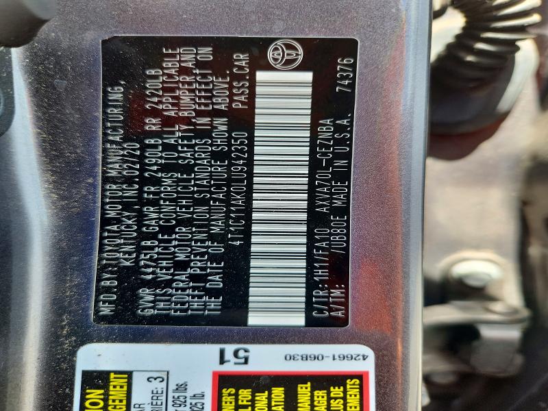 54198856 :رقم المزاد ، 4T1C11AK0LU942350 vin ، 2020 Toyota Camry مزاد بيع