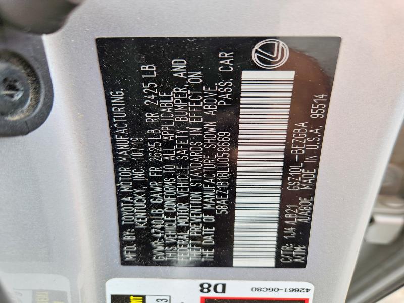 2020 Lexus Es მანქანა იყიდება აუქციონზე, vin: 58AEZ1B16LU058669, აუქციონის ნომერი: 54912346