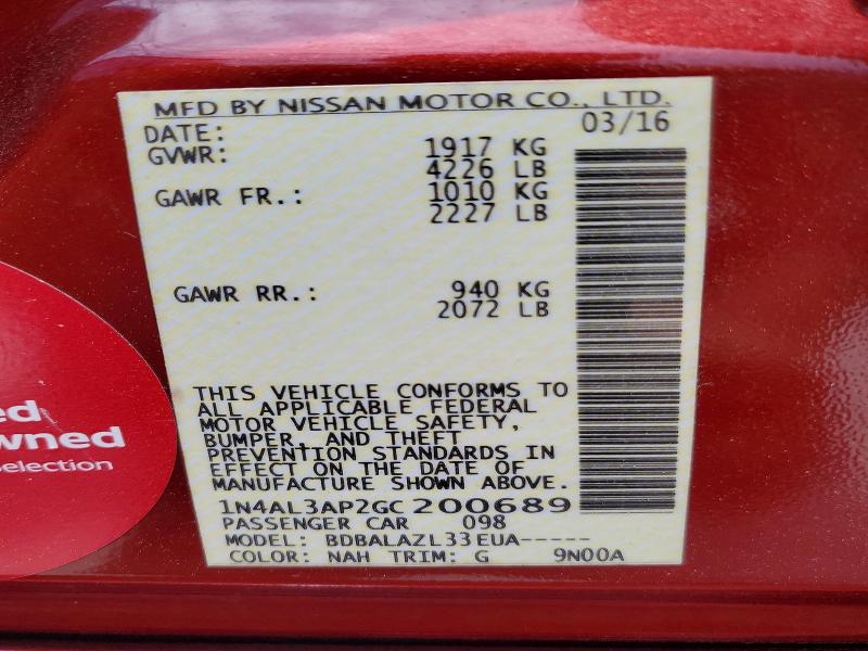 2016 Nissan Altima მანქანა იყიდება აუქციონზე, vin: 1N4AL3AP2GC200689, აუქციონის ნომერი: 53177876
