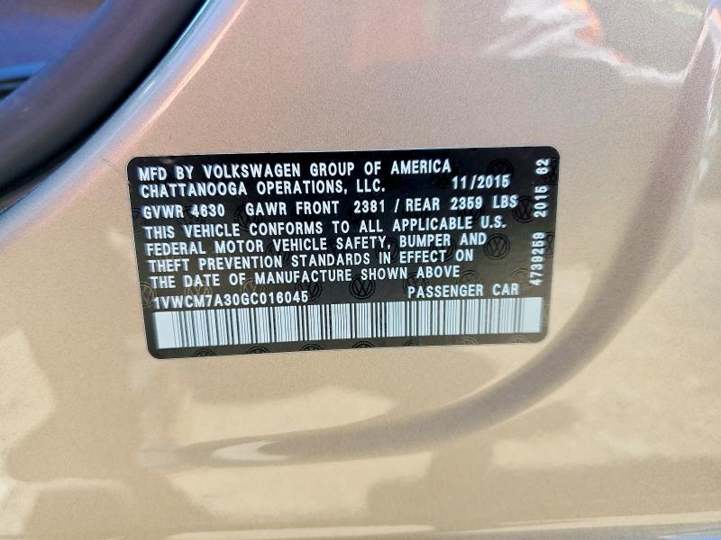 Продаж на аукціоні авто 2016 Volkswagen Passat, vin: 1VWCM7A30GC016045, номер лоту: 52954776