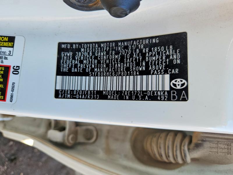 Aukcja sprzedaży 2018 Toyota Corolla, vin: 5YFBURHE6JP801184, numer aukcji: 52236596