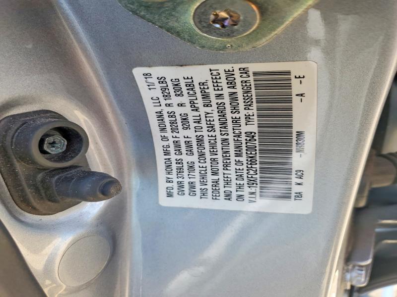 2019 Honda Civic მანქანა იყიდება აუქციონზე, vin: 19XFC2F66KE007649, აუქციონის ნომერი: 53951856