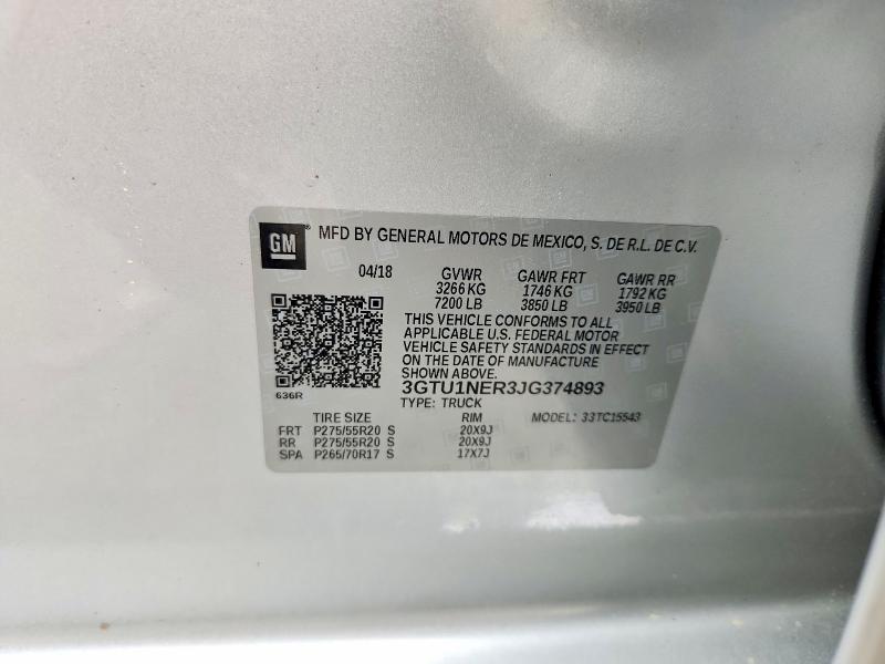 2018 Gmc Sierra მანქანა იყიდება აუქციონზე, vin: 3GTU1NER3JG374893, აუქციონის ნომერი: 55280646