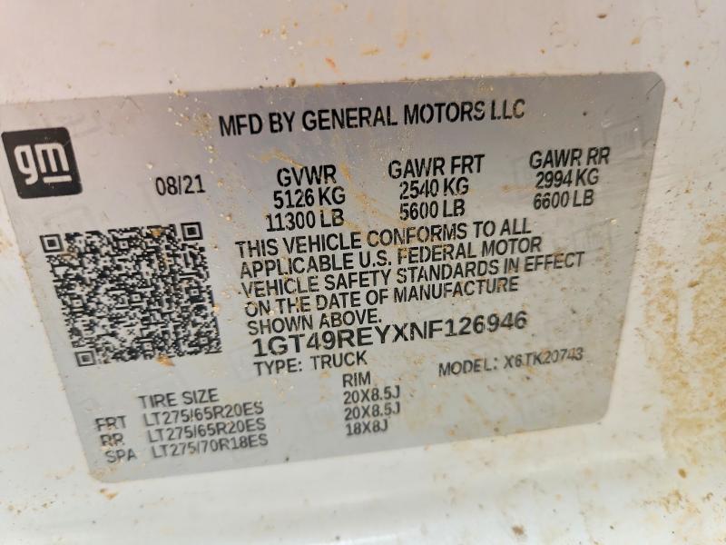 54614556 :رقم المزاد ، 1GT49REYXNF126946 vin ، 2022 Gmc Sierra مزاد بيع