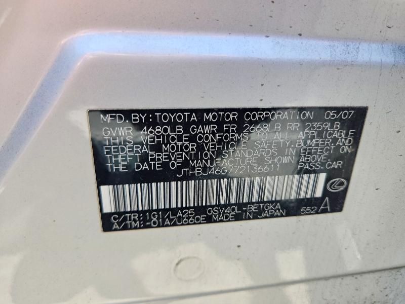 2007 Lexus Es მანქანა იყიდება აუქციონზე, vin: JTHBJ46G772136611, აუქციონის ნომერი: 54806316