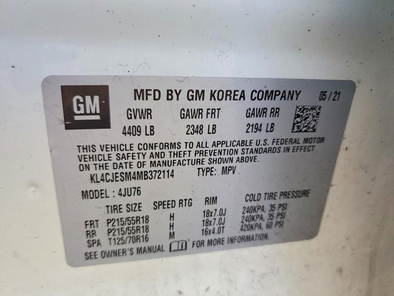 2021 Buick Encore მანქანა იყიდება აუქციონზე, vin: KL4CJESM4MB372114, აუქციონის ნომერი: 51919066