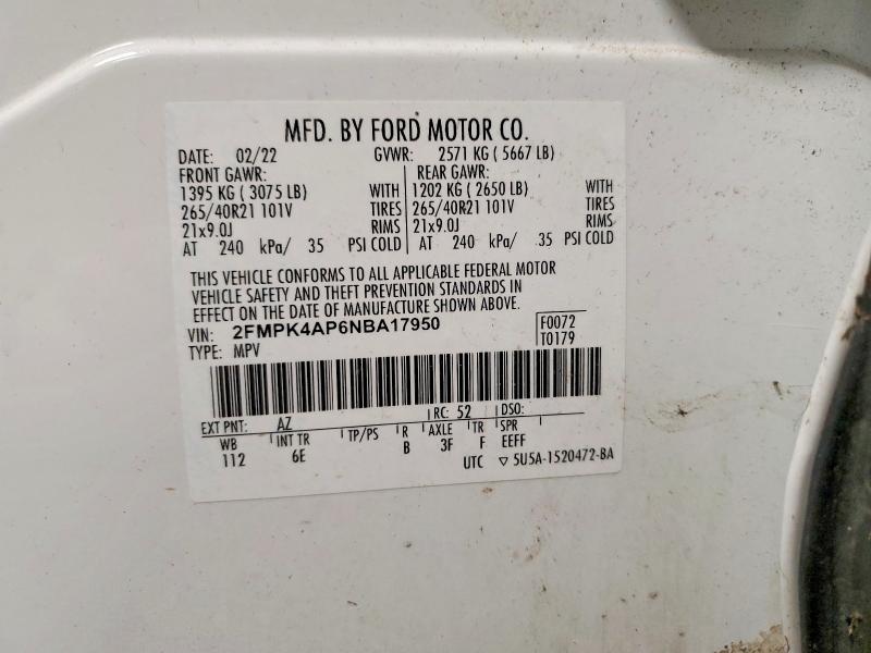 53846326 :رقم المزاد ، 2FMPK4AP6NBA17950 vin ، 2022 Ford Edge مزاد بيع