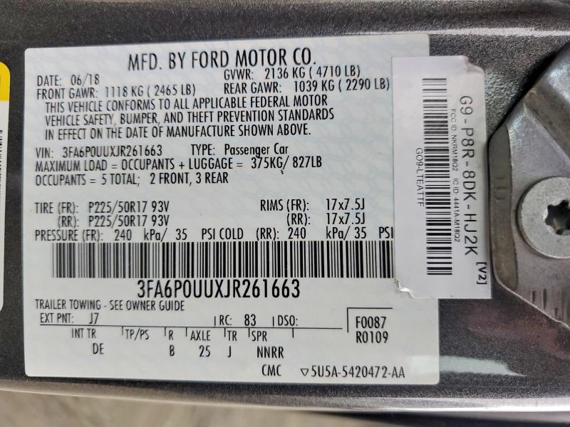 2018 Ford Fusion მანქანა იყიდება აუქციონზე, vin: 3FA6P0UUXJR261663, აუქციონის ნომერი: 52264256