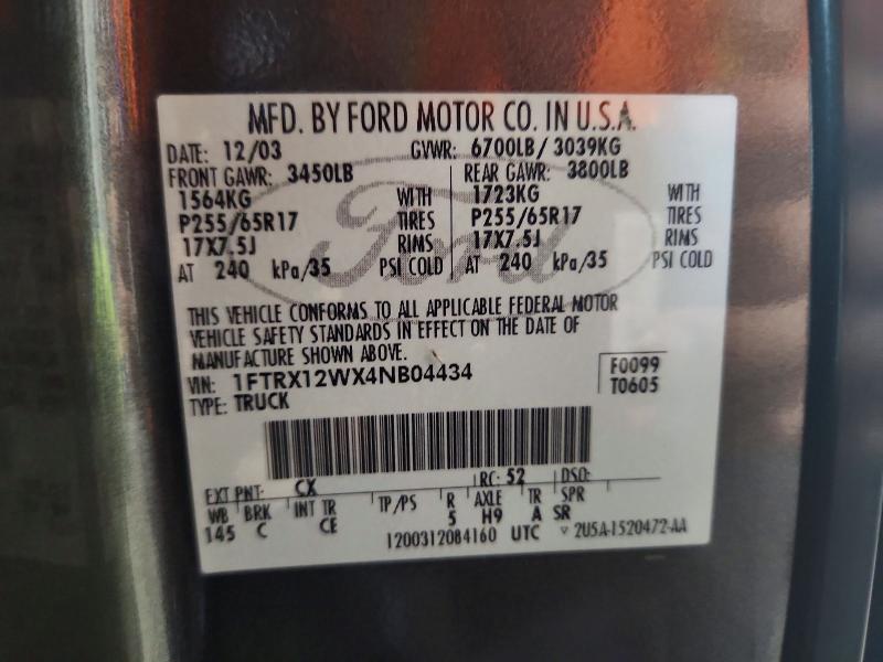 2004 Ford F150 მანქანა იყიდება აუქციონზე, vin: 1FTRX12WX4NB04434, აუქციონის ნომერი: 54400266