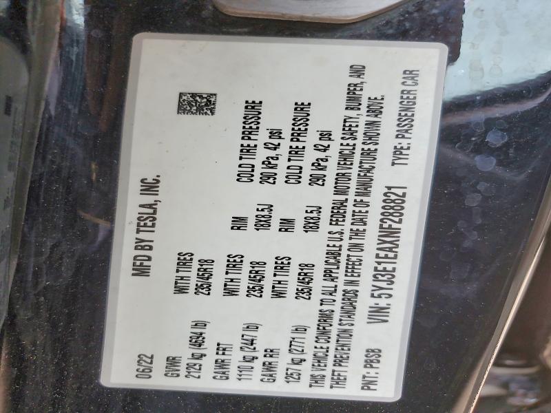 2022 Tesla Model 3 მანქანა იყიდება აუქციონზე, vin: 5YJ3E1EAXNF288821, აუქციონის ნომერი: 54247486