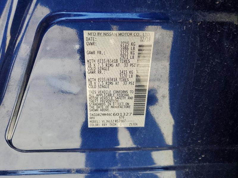 55543886 :رقم المزاد ، 5N1DR2MM4KC601327 vin ، 2019 Nissan Pathfinder مزاد بيع