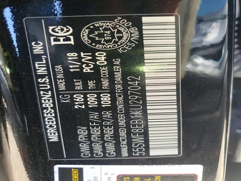 52222446 :رقم المزاد ، 55SWF8EB1KU297042 vin ، 2019 Mercedes-benz C مزاد بيع