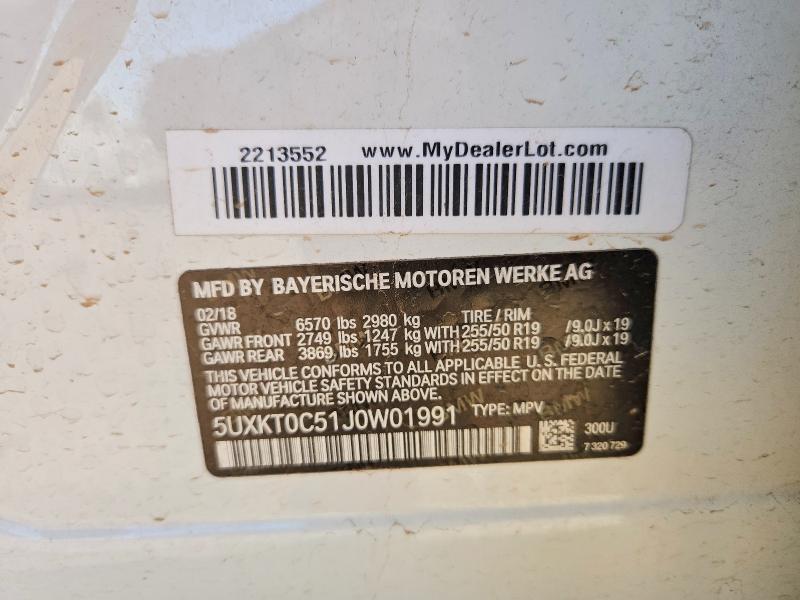 53768396 :رقم المزاد ، 5UXKT0C51J0W01991 vin ، 2018 Bmw X5 مزاد بيع