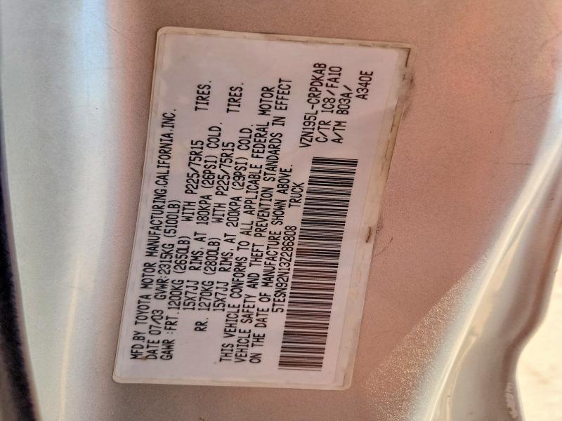 2003 Toyota Tacoma მანქანა იყიდება აუქციონზე, vin: 5TESN92N13Z286808, აუქციონის ნომერი: 53318696